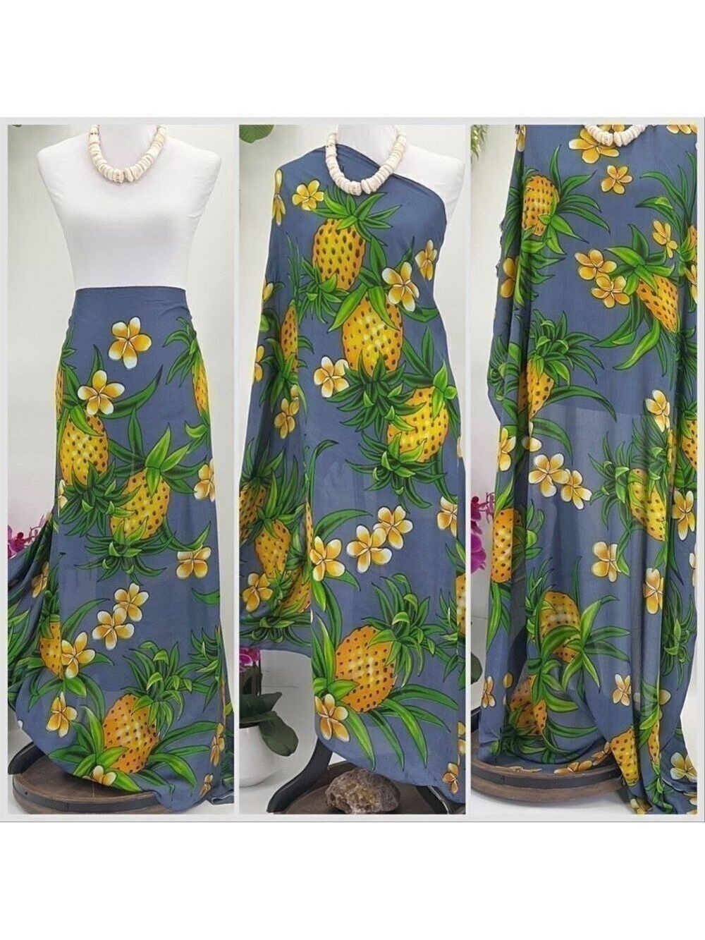 Gray Yellow Pineapple Plumeria MAXI SARONG Kīkepa Pareo Beach Wrap Skirt